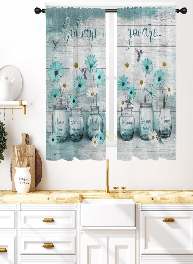 Coxila Teal Floral Kitchen Window Curtains 27.5 x 45 Inch Small Short Mini Cafe Rod Pocket Farmhouse Rustic Country Spring Daisy Living Bedroom Room Home Treatment Set of 2 Curtain Panels Drapes Tiers - Image 1